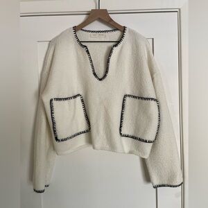 Ivory Sweater with Pockets and Black Contrast Stitching